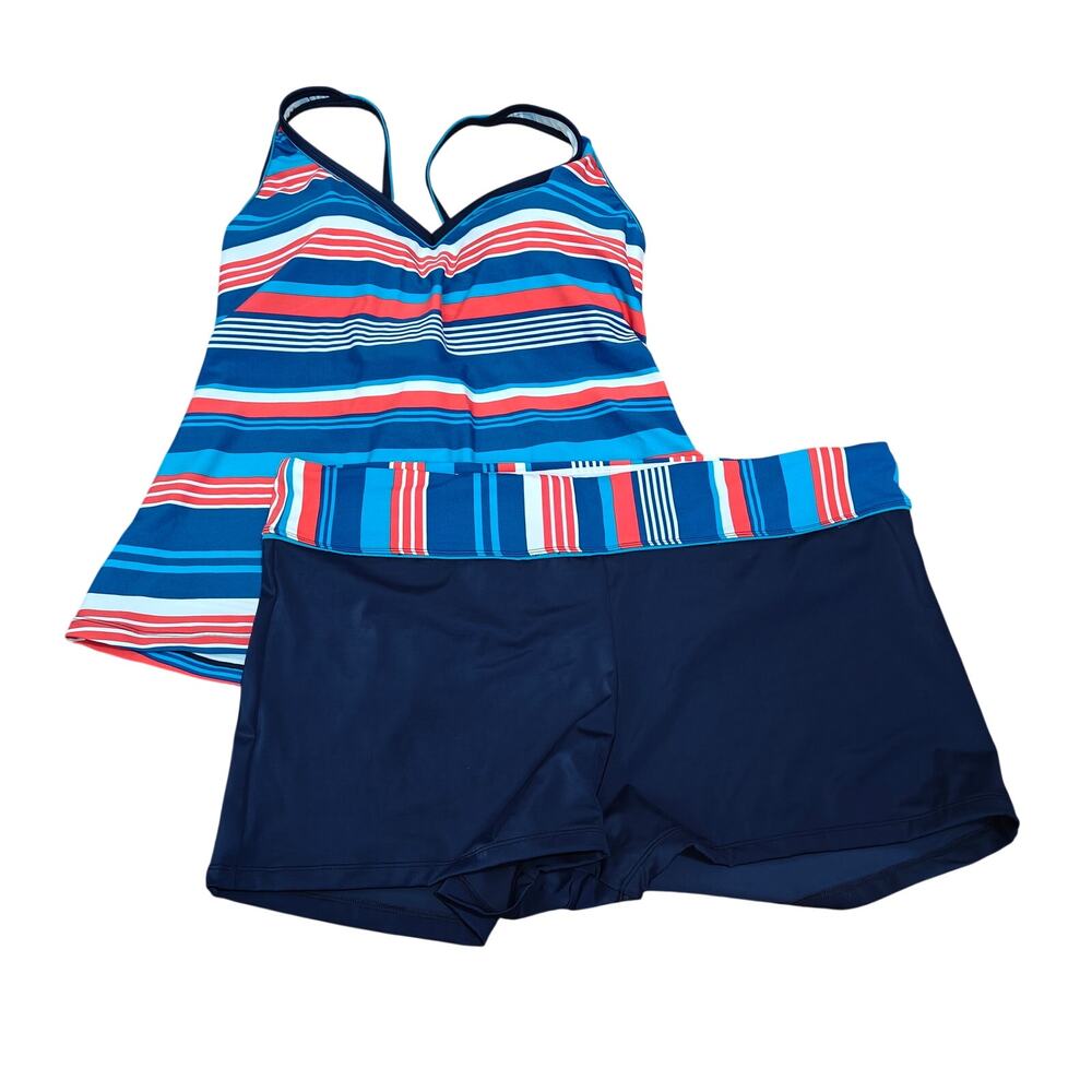South Point Tankini Coral Blue White Stripe Womens Plus 22W